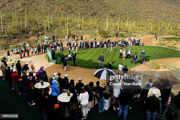 Camilo Villegas of Colombia hits from the 15th tee box during round four of the World Golf Championships-Accenture Match Play Championship at The...