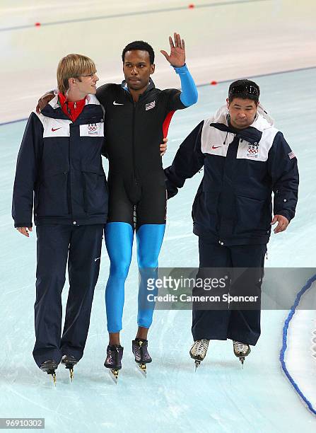 Shani Davis of the United States reacts after his skate as he wins the silver medal in the men's speed skating 1500 m finalon day 9 of the Vancouver...