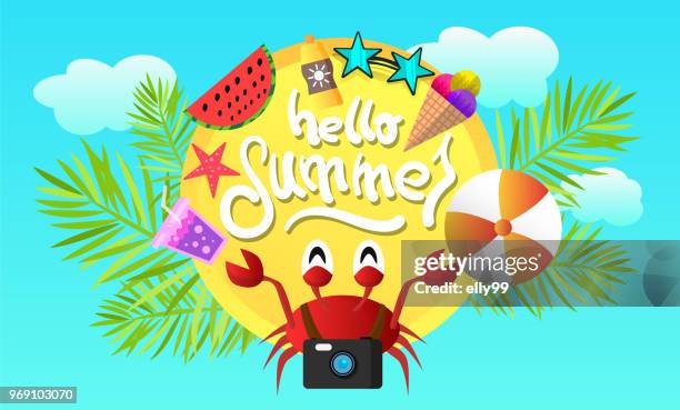 ilustrações de stock, clip art, desenhos animados e ícones de summer cartoon background with crab for design flyers, poster, postcard - elly99