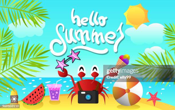 stockillustraties, clipart, cartoons en iconen met zomer cartoon achtergrond met krab voor ontwerp flyers, poster, briefkaart - elly99