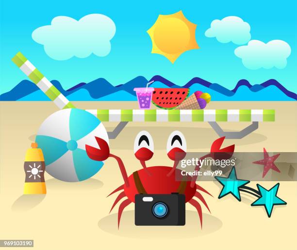 ilustrações de stock, clip art, desenhos animados e ícones de summer cartoon background with crab for design flyers, poster, postcard - elly99