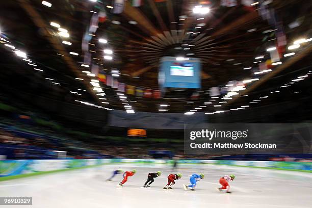 Olga Belyakova of Russia leads Cecilia Maffei of Italy, Kalyna Roberge of Canada, Evgeniya Radanova of Bulgaria, Elise Christie of Great Britain and...