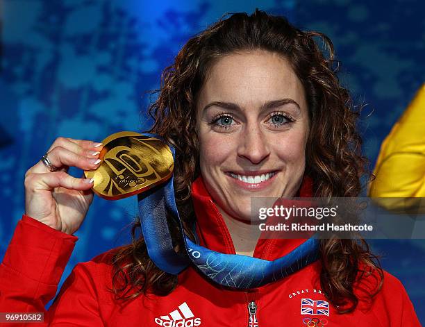 Amy Williams of Great Britain and Northern Ireland receives the gold medal during the medal ceremony for the women's skeleton held at the Whistler...
