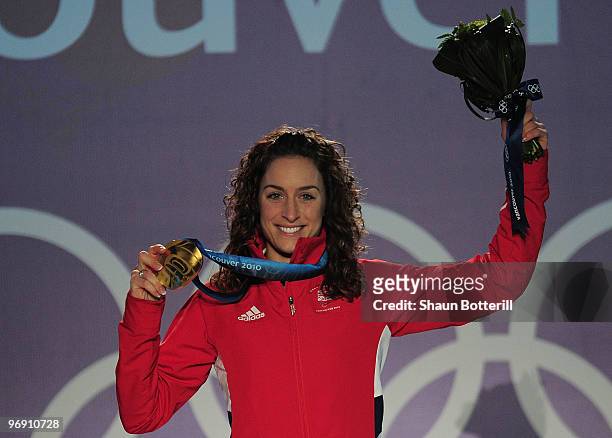 Amy Williams of Great Britain and Northern Ireland receives the gold medal during the medal ceremony for the women's skeleton held at the Whistler...