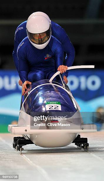 Michael Klingler and Thomas Duerr of Liechtenstein compete in Liechtenstein-1 during the men's bobsleigh two-man heat one on day 9 of the 2010...