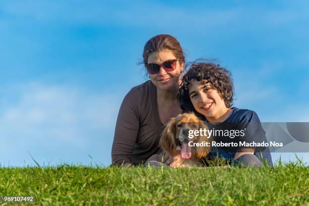 portrait of mother and son with their cocker spaniel pet - machado padres fotografías e imágenes de stock