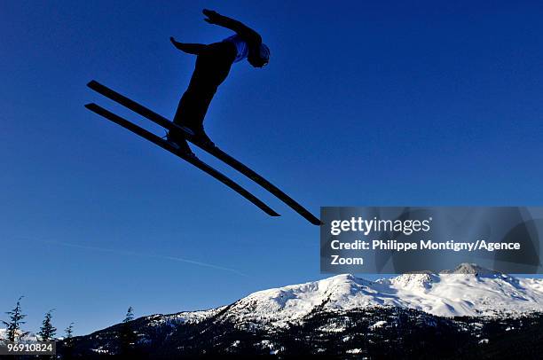 Silhouette of an athlete during the Ski Jumping Individual LH on Day 9 of the 2010 Vancouver Winter Olympic Games on February 20, 2010 in Whistler...