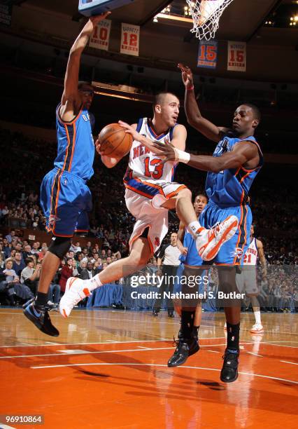 Sergio Rodriguez of the New York Knicks passes against the Oklahoma City Thunder on February 20, 2010 at Madison Square Garden in New York City. NOTE...