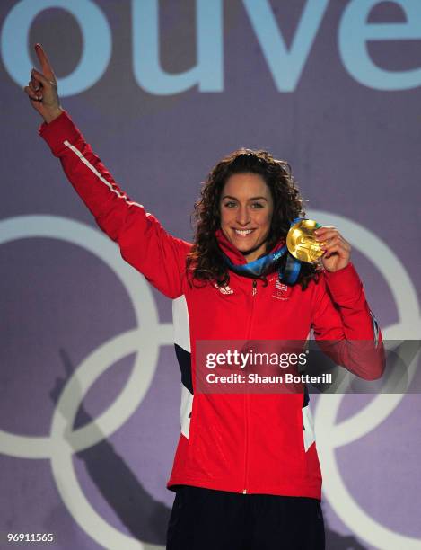 Amy Williams of Great Britain and Northern Ireland receives the gold medal during the medal ceremony for the women's skeleton held at the Whistler...