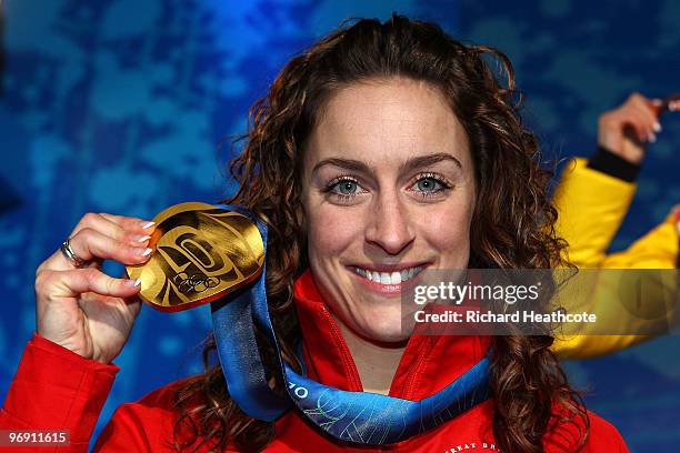 Amy Williams of Great Britain and Northern Ireland receives the gold medal during the medal ceremony for the women's skeleton held at the Whistler...