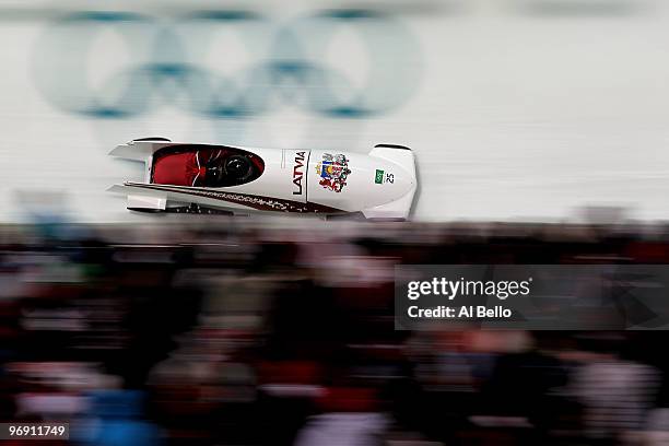 Edgars Maskalans and Daumants Dreiskens of Latvia compete in Latvia-1 during the men's bobsleigh two-man heats on day 9 of the 2010 Vancouver Winter...