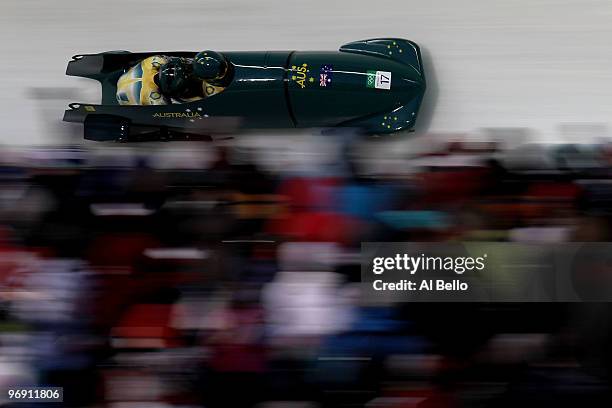 Christopher Spring and Duncan Harvey of Australia-one compete in the men's bobsleigh two-man heats on day 9 of the 2010 Vancouver Winter Olympics at...