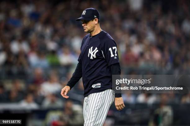 Aaron Boone of the New York Yankees looks on during the game against the Los Angeles Angels at Yankee Stadium on Friday May 25, 2018 in the Bronx...