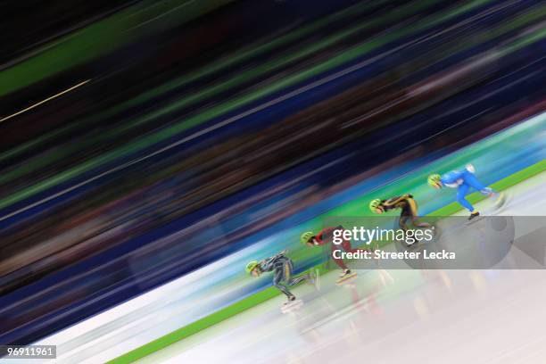 Tatiana Borodulina of Australia leads Sun Linlin of China, Hiroko Sadakane of Japan, and Arianna Fontana of Italy during the Short Track Speed...