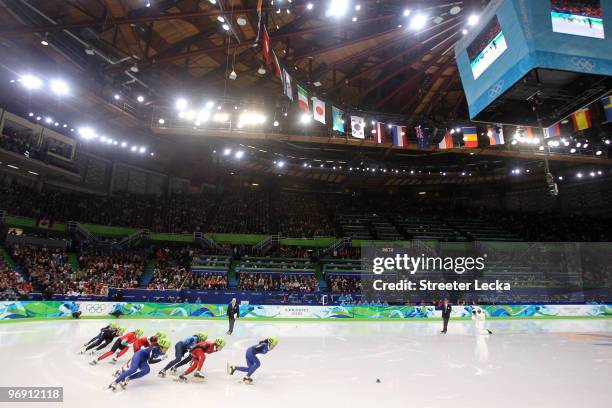 Lee Eun-Byul of South Korea leads Zhou Yang of China and others during the Short Track Speed Skating Ladies' 1500 m final on day 9 of the Vancouver...