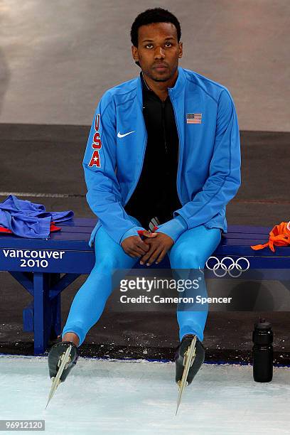 Shani Davis of the United States waits for his skate in the men's speed skating 1500 m finalon day 9 of the Vancouver 2010 Winter Olympics at...