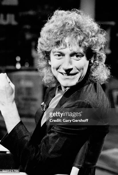 Portrait of British Rock musician Robert Plant during an interview at MTV Studios, New York, New York, June 22, 1982.