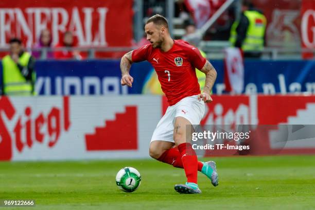 Marko Arnautovic of Austria in action during the international friendly match between Austria and Germany at Woerthersee Stadion on June 2, 2018 in...