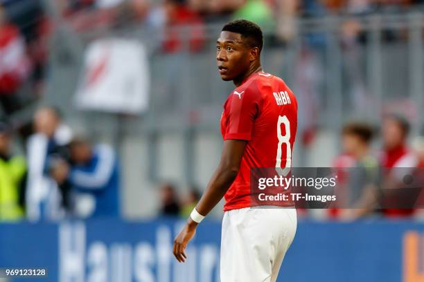 David Alaba of Austria look on during the international friendly match between Austria and Germany at Woerthersee Stadion on June 2, 2018 in...