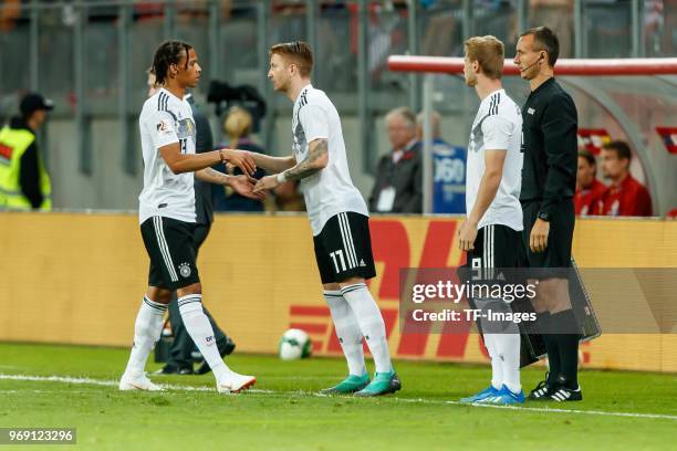 Marco Reus of Germany and Leroy Sane of Germany during the international friendly match between Austria and Germany at Woerthersee Stadion on June 2,...