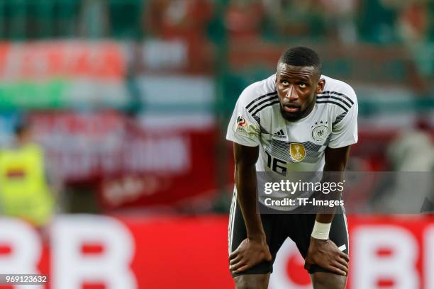 Antonio Ruediger of Germany look on during the international friendly match between Austria and Germany at Woerthersee Stadion on June 2, 2018 in...