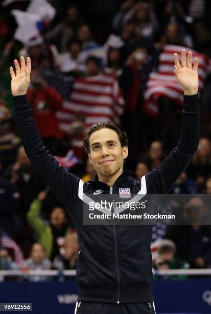 Apolo Anton Ohno of the United States celebrates winning the bronze medal during the Short Track Speed Skating Men's 1000m Final on day 9 of the...