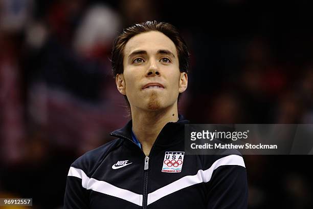 Apolo Anton Ohno of the United States wins the bronze medal during the flower ceremony for the men's 1000 m short track on day 9 of the Vancouver...