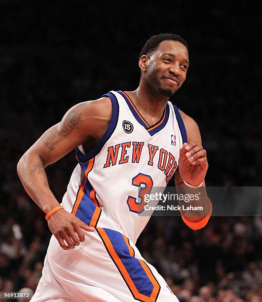 Tracy McGrady of the New York Knicks smiles after making a basket against the Oklahoma City Thunder at Madison Square Garden on February 20, 2010 in...