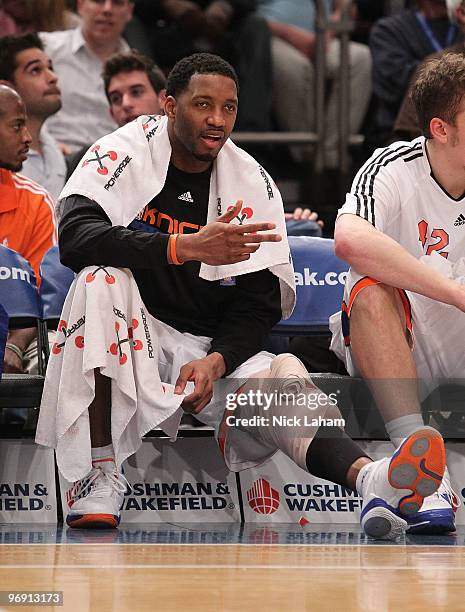 Tracy McGrady of the New York Knicks gestures against the Oklahoma City Thunder at Madison Square Garden on February 20, 2010 in New York, New York....
