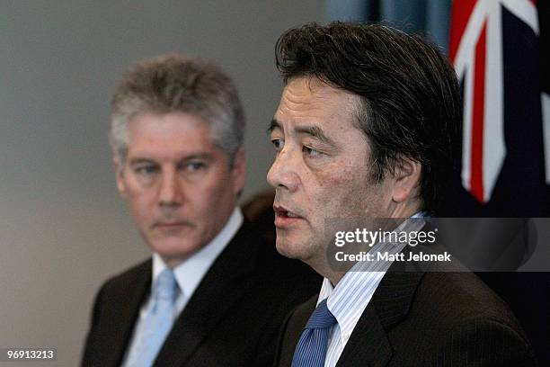 Japan's Minister For Foreign Affairs Katsuya Okada talks during a press conference at Exchange Plaza on February 21, 2010 in Perth, Australia....