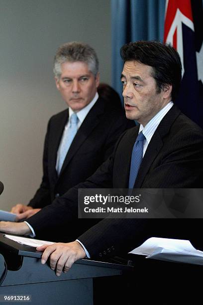 Japan's Minister For Foreign Affairs Katsuya Okada talks during a press conference at Exchange Plaza on February 21, 2010 in Perth, Australia....