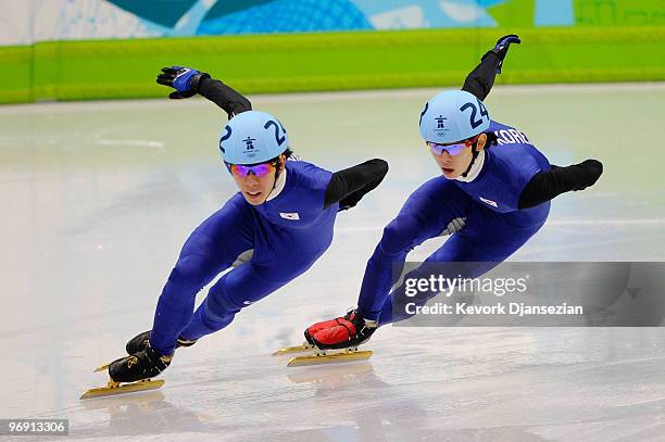 Lee Ho-Suk of South Korea leads from Lee Jung-Su of South Korea during the Short Track Speed Skating Men's 1000m Final on day 9 of the Vancouver 2010...