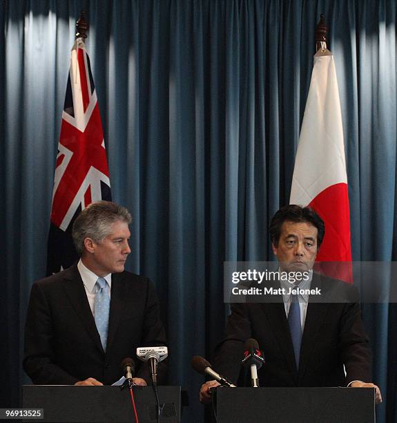 Australia Minister for Foreign Affairs Stephen Smith and Japan's Minister For Foreign Affairs Katsuya Okada during a press conference at Exchange...