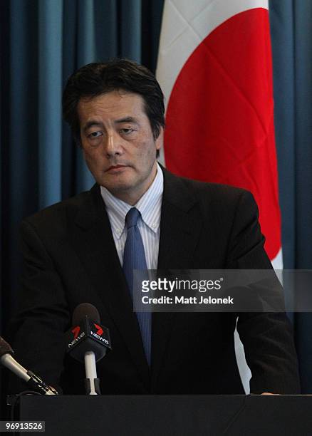 Japan's Minister For Foreign Affairs Katsuya Okada during a press conference at Exchange Plaza on February 21, 2010 in Perth, Australia. Foreign...