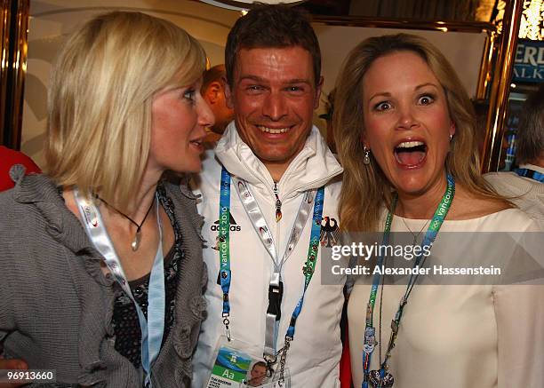 Tobias Angerer of Germany smiles after winnning the silver medal in the Men's 30 km Pursuit with his wife Romy Angerer Stephanie zu Guttenberg, wife...