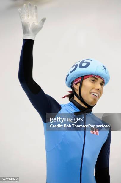 Apolo Anton Ohno of the United States celebrates after winning bronze medal during the Short Track Speed Skating Men's 1000m Final on day 9 of the...