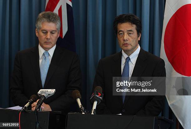 Australian Minister for Foreign Affairs Stephen Smith with Japan's Minister For Foreign Affairs Katsuya Okada during a press conference at Exchange...