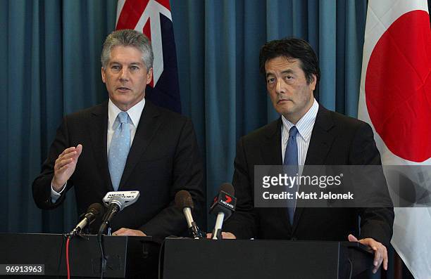 Australian Minister for Foreign Affairs Stephen Smith speaks during a Press Conference with Japan's Minister For Foreign Affairs Katsuya Okada at...
