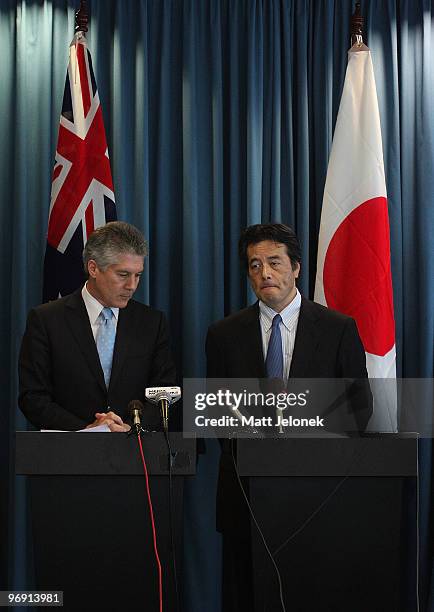 Australian Minister for Foreign Affairs Stephen Smith with Japan's Minister For Foreign Affairs Katsuya Okada during a press conference at Exchange...