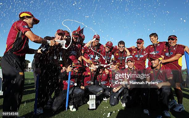 The Northern Knights celebrate winning the One Day Final match between the Auckland Aces and the Northern Knights at Colin Maiden Park on February...