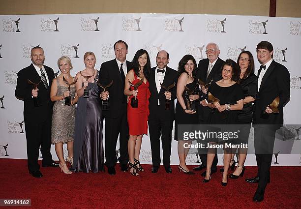 Writer Matthew Weiner with the writers of "Mad Men" pose in the press room at the 2010 Writers Guild Awards held at the Hyatt Regency Century Plaza...