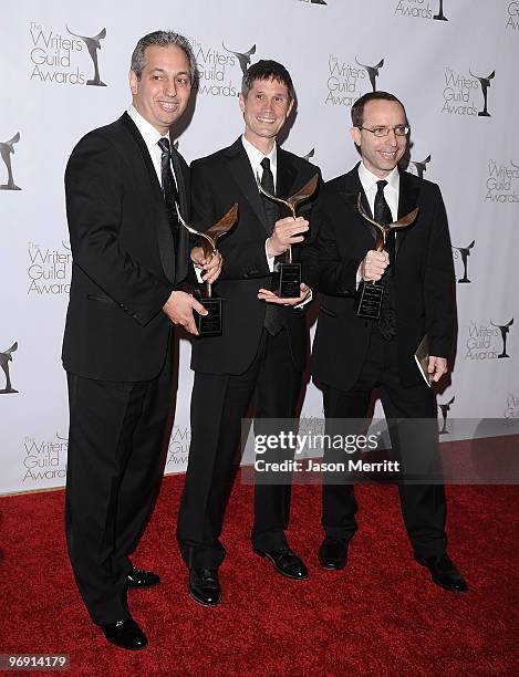 Writers David Shore, David Foster and Garrett Lerner pose in the press room at the 2010 Writers Guild Awards held at the Hyatt Regency Century Plaza...