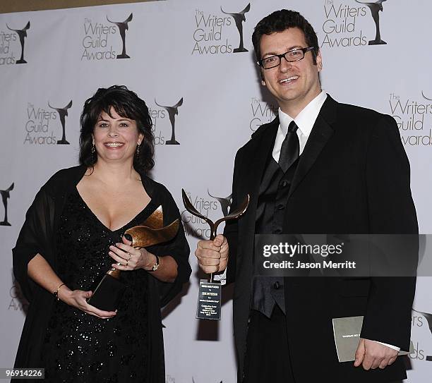 Writers Jessica Scott and Erik Patterson pose in the press room at the 2010 Writers Guild Awards held at the Hyatt Regency Century Plaza Hotel on...