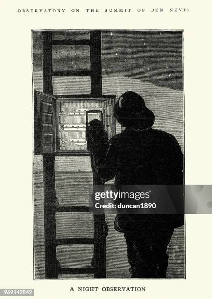 meteorologist at ben nevis meteorological observatory, scotland 1884 - ben nevis stock illustrations