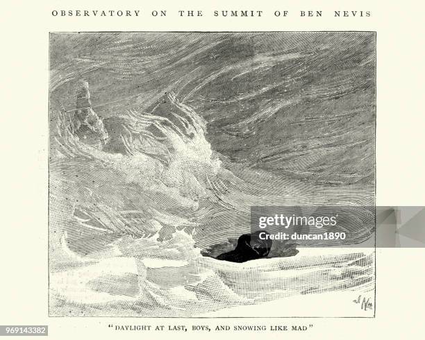 snowed in at the ben nevis meteorological observatory, scotland 1884 - ben nevis stock illustrations