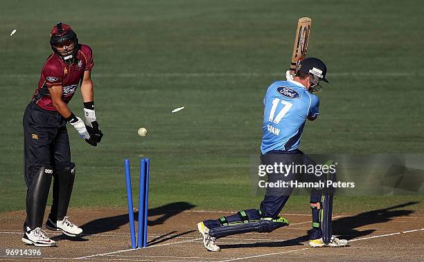 Lance Shaw of the Aces is bowled out by Bradley Scott of the Knights during the One Day Final match between the Auckland Aces and the Northern...