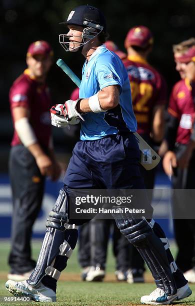 Lou Vincent of the Aces walks off after being dismissed by Kane Williamson of the Knights during the One Day Final match between the Auckland Aces...