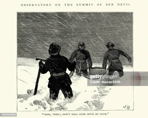 carrying supplies through snow storm, ben nevis observatory, scotland 1884 - ben nevis mountain stock illustrations
