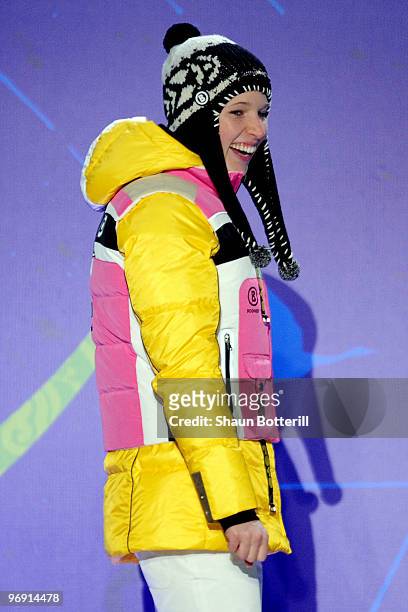 Anja Huber of Germany receives the bronze medal during the medal ceremony for the women's skeleton held at the Whistler Medals Plaza on day 9 of the...