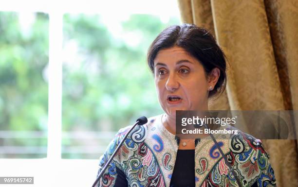 Christine Ourmieres-Widener, chief executive officer of Flybe Group Plc, speaks at an Aviation Club lunch in London, U.K., on Thursday, June 7, 2018....